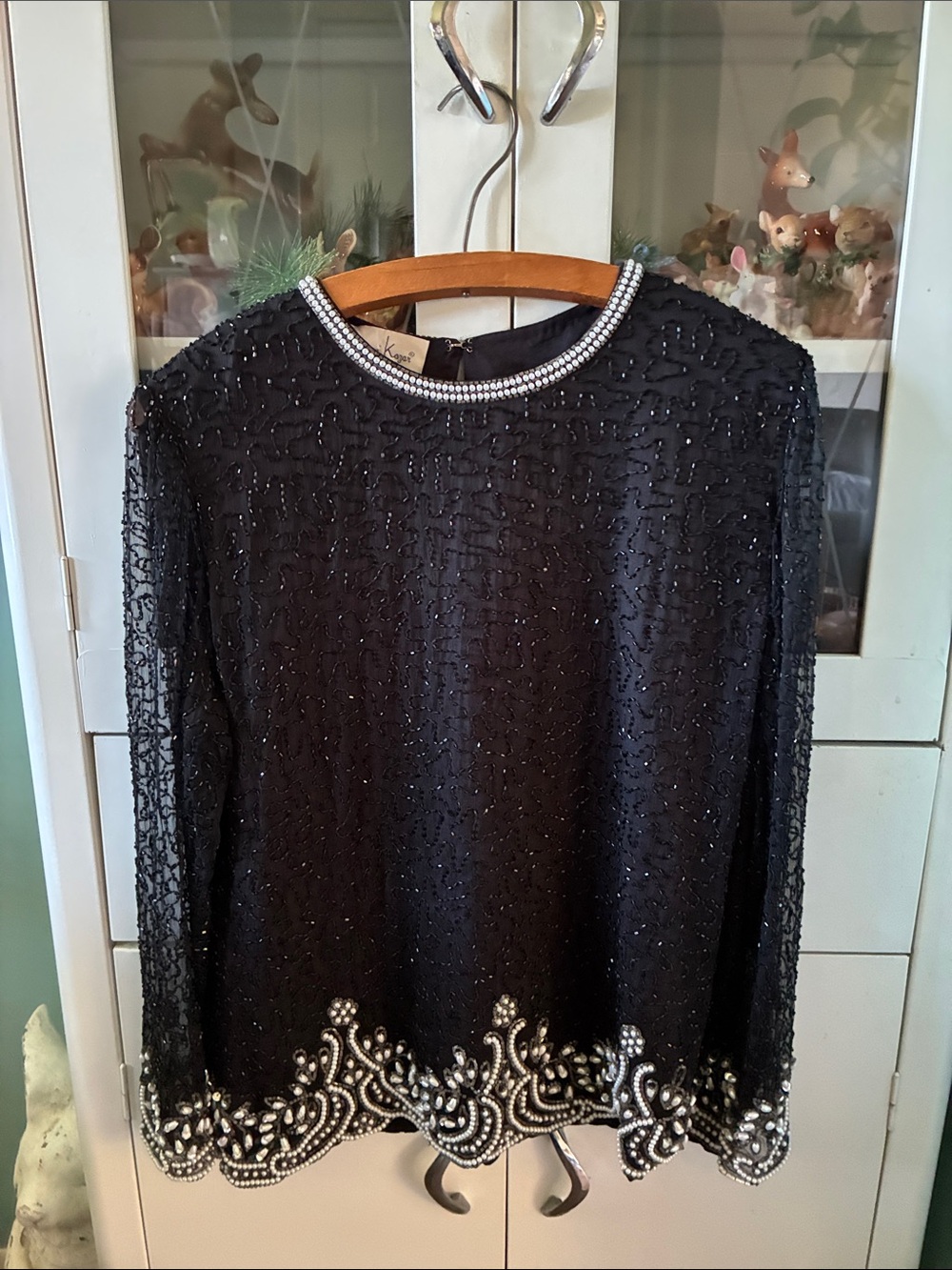 Laurence Kazar sz M Silk Beaded Black Evening Top with Pearl Trim euc